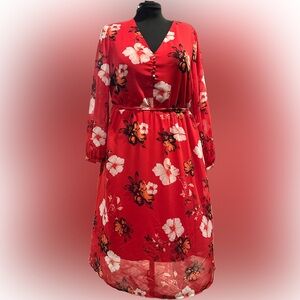 A New Day Red Floral Chiffon Long Sleeve Lined Midi Dress Size X Large